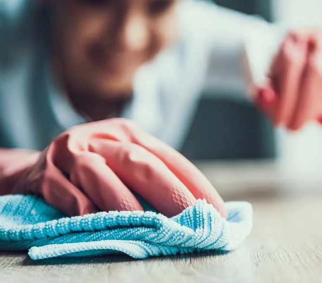 Junge lächelnde Frau in Handschuhen putzt Haus