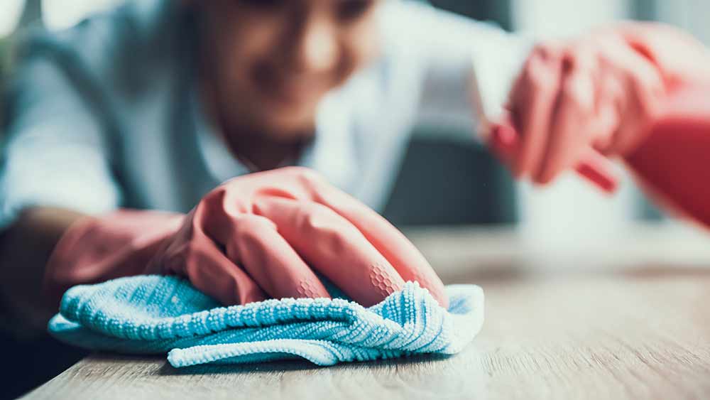 Junge lächelnde Frau in Handschuhen putzt Haus